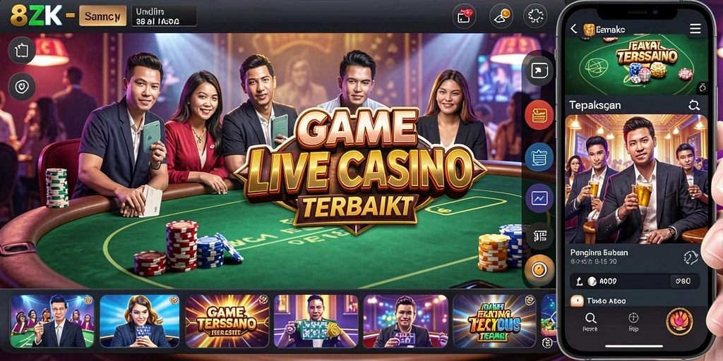 Screenshot gameplay 8ZK menampilkan dealer langsung dan pemain berinteraksi.