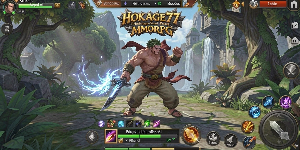 Tampilan gameplay seru di HOKAGE77 dengan karakter yang bertarung di dunia fantasi.