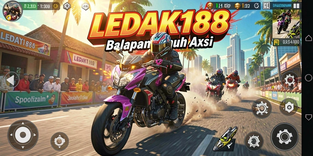 Tampilan gameplay seru dalam LEDAK188 menampilkan aksi balapan motor.