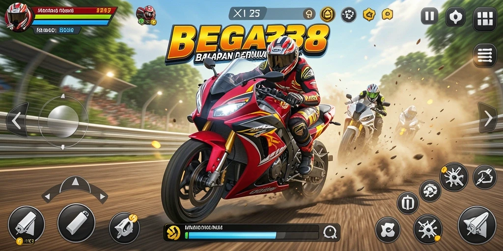 Tampilan layar gameplay MEGA338 saat balapan motor.