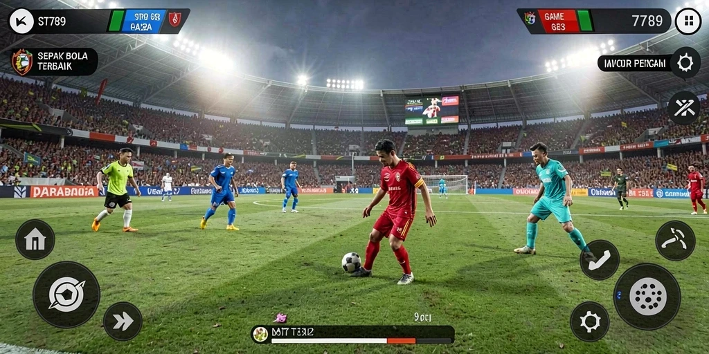 Screenshot utama ST789 menampilkan aksi seru dalam pertandingan sepak bola.