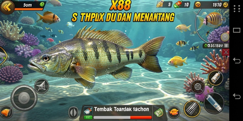 Tampilan seru gameplay X88 saat berburu ikan besar di laut.